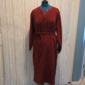 Red Button-Up Midi Dress with Belt